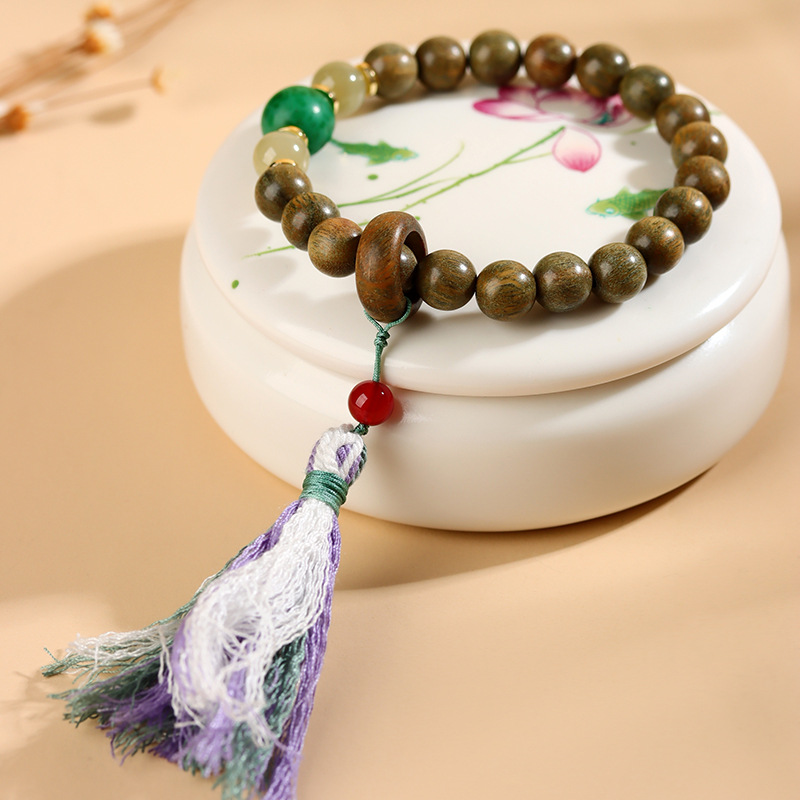 Green sandalwood and Hetian jade Tibetan running ring tassel bracelet new Chinese style play play Buddhist beads bracelet new jewelry