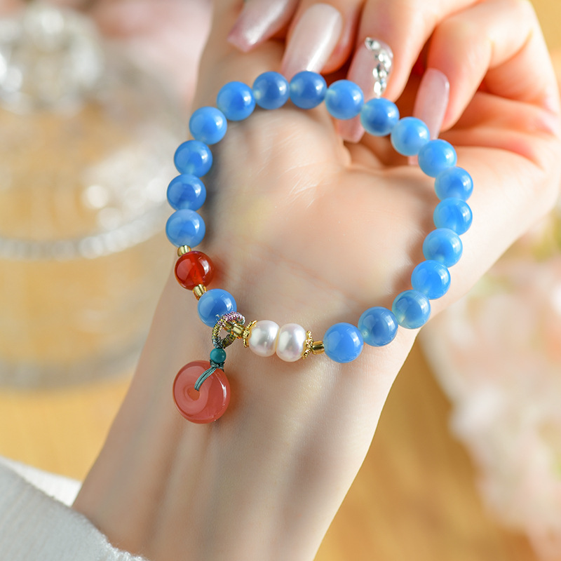 Blue sugar heart agate bracelet peace buckle pendant half pond beaded popular bracelet jewelry