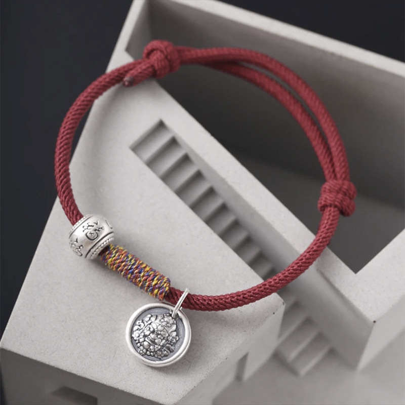 Red string bracelet for attracting wealth and fortune, sterling silver yellow god of wealth luck beads, vintage silver bracelet