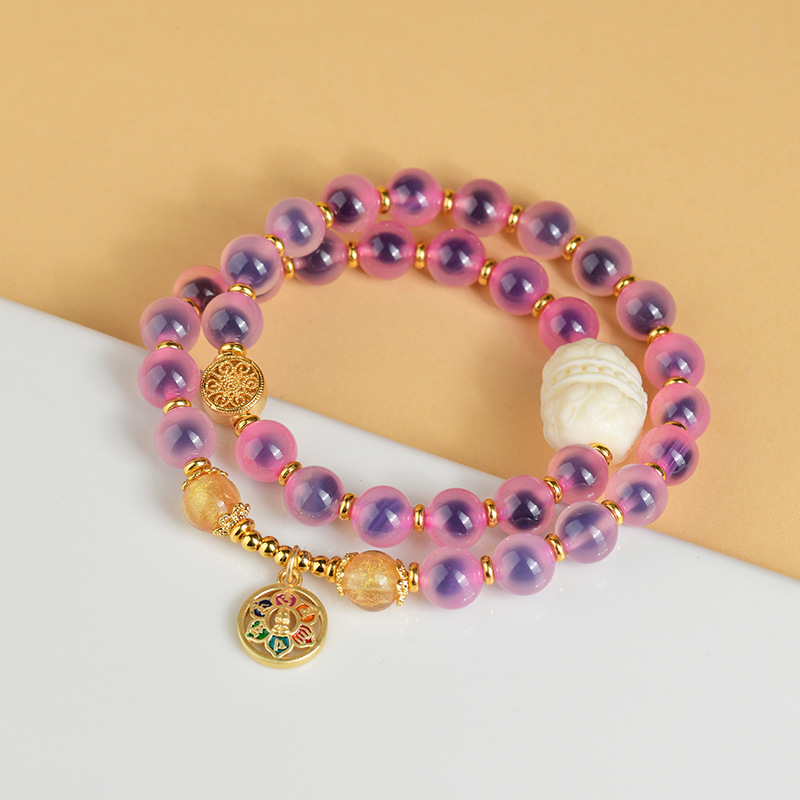 Incense Ash Glass Sugar Heart Agate Half Sugar Gold Foil Twin Lotus Bracelet Lotus Six-Character Mantra Beads