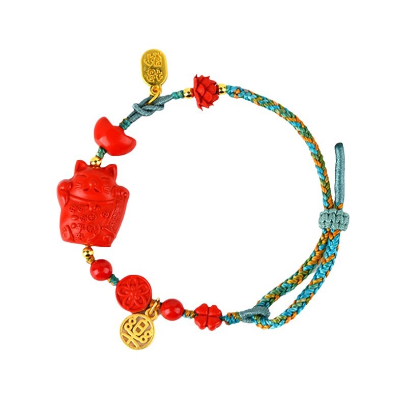High content cinnabar original imperial red sand lucky cat diy handmade adjustable braided bracelet rope