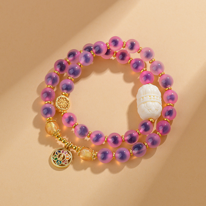Incense Ash Glass Sugar Heart Agate Half Sugar Gold Foil Twin Lotus Bracelet Lotus Six-Character Mantra Beads