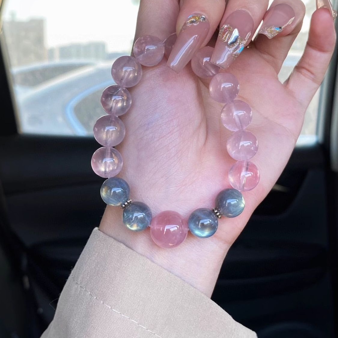 Rose quartz with gray moonlight horse powder bracelet to attract peach blossom silver luck beads exquisite national trend bracelet jewelry