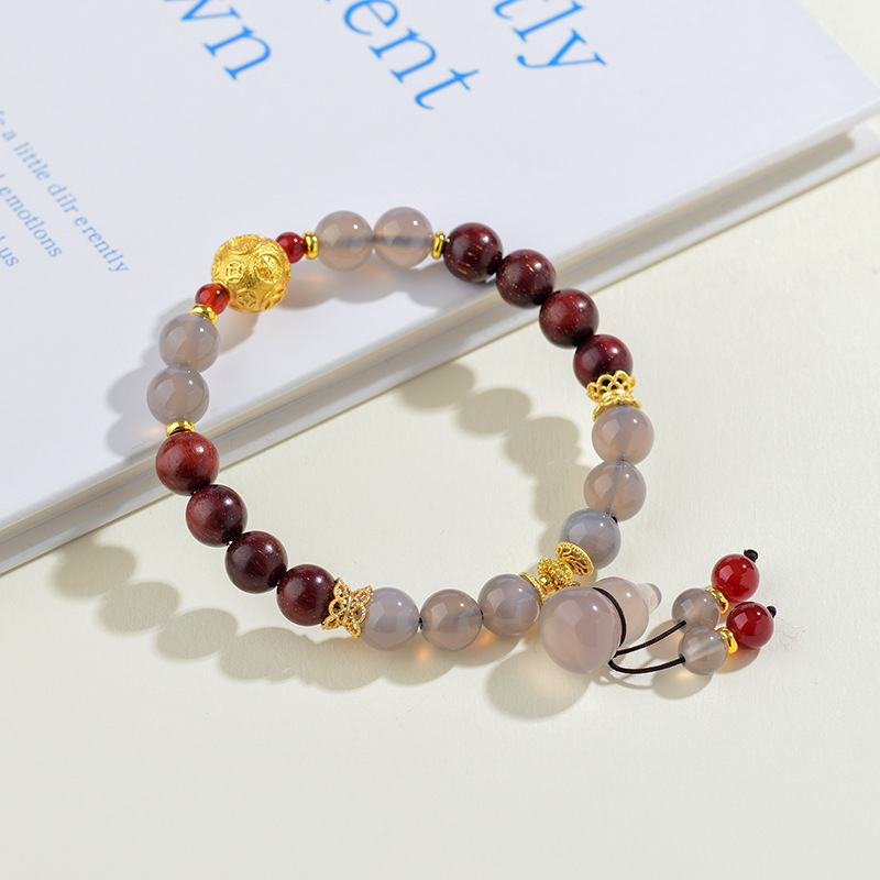 Small-leaf red sandalwood gray agate gourd bracelet new Chinese retro ethnic style bracelet new hot style