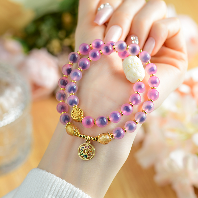 Incense Ash Glass Sugar Heart Agate Half Sugar Gold Foil Twin Lotus Bracelet Lotus Six-Character Mantra Beads