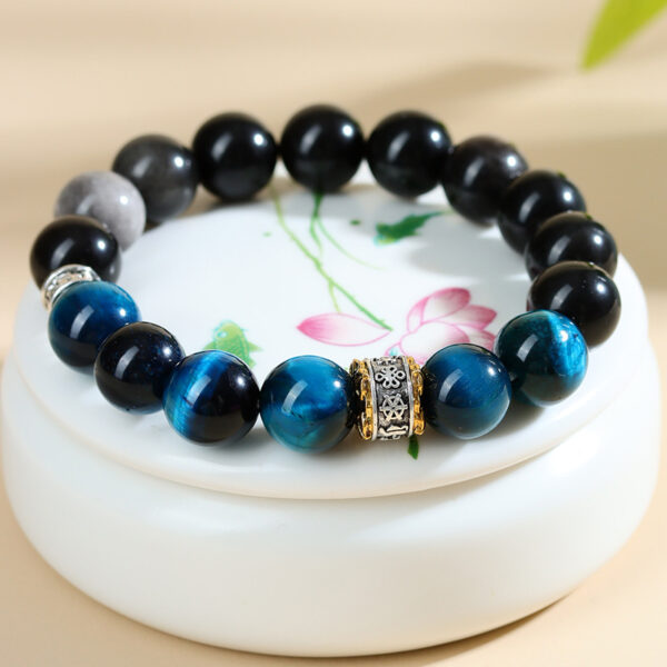 Peacock blue tiger eye stone silver obsidian bracelet new Chinese style trend retro men and women new bracelet jewelry