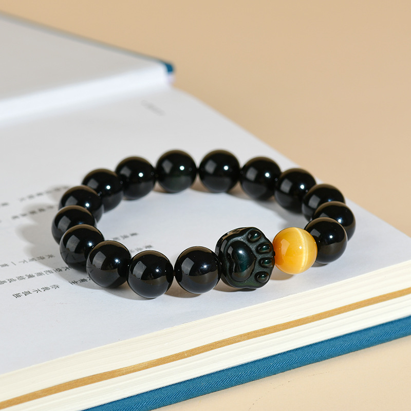 Double color eye obsidian cat claw bracelet new Chinese style men and women crystal single circle beaded bracelet