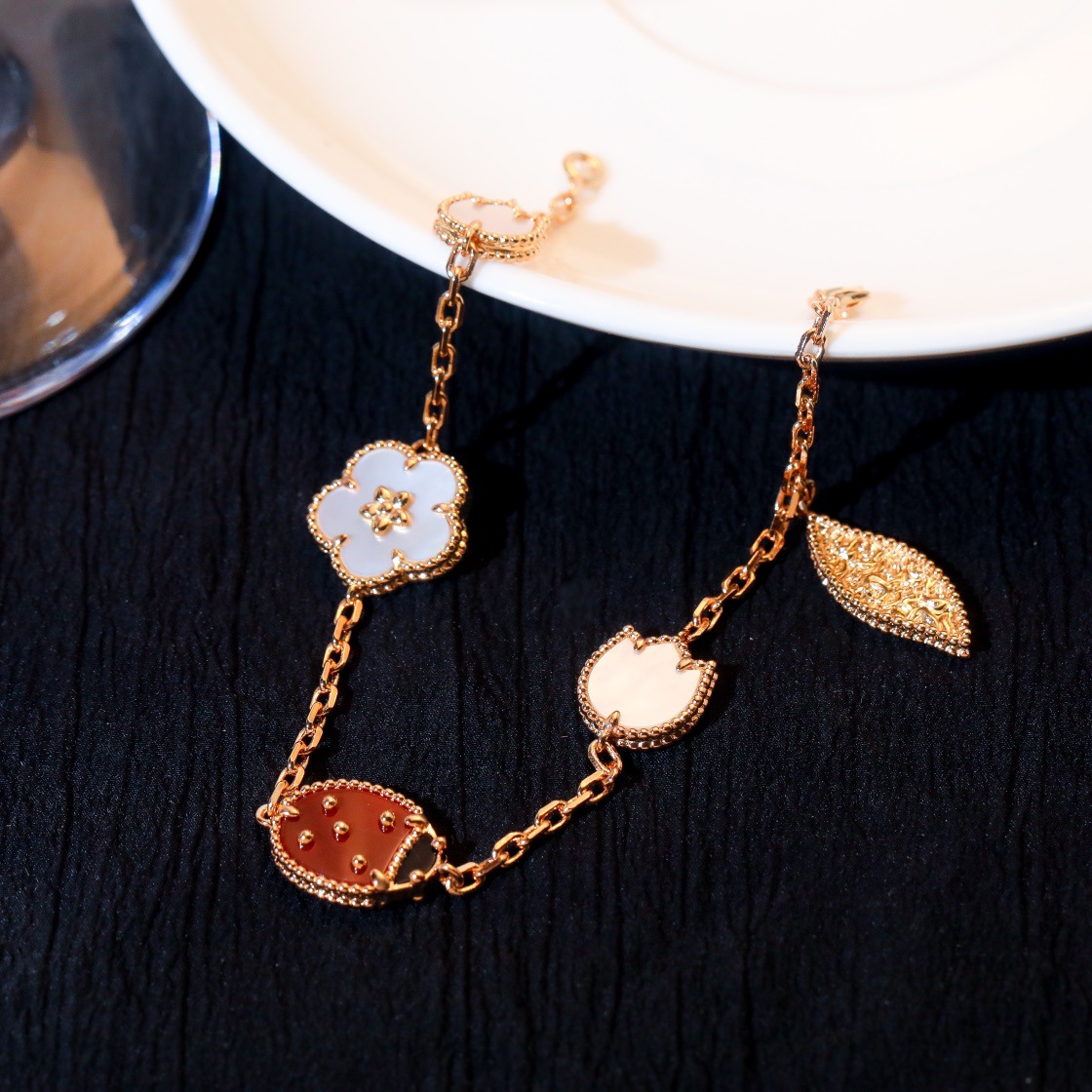 Four-leaf clover, five-flowered ladybug and seven-spotted flower bracelet for women, thick 18k rose gold plated