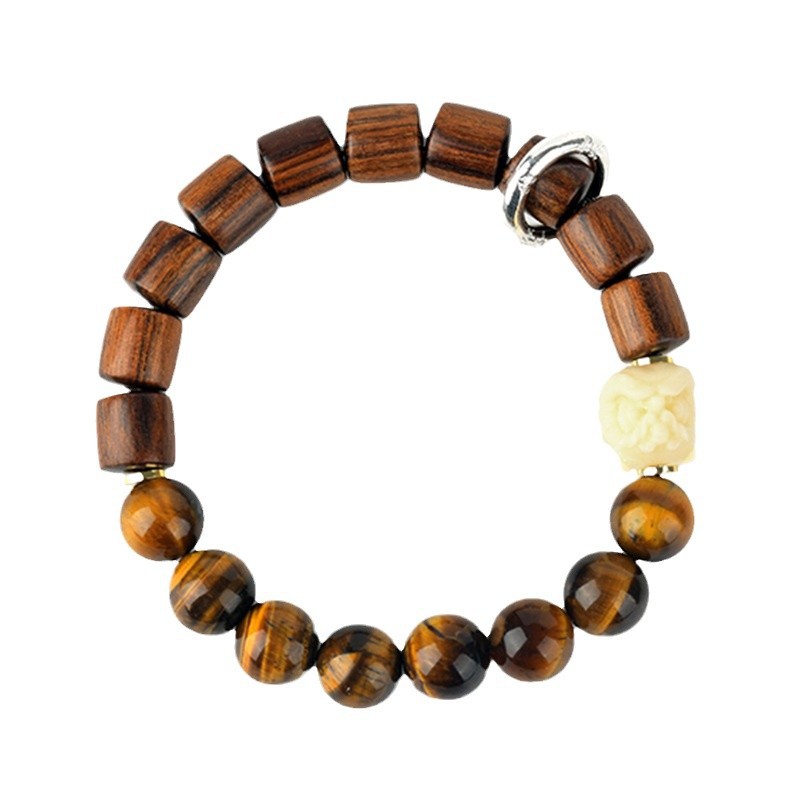 Rosewood Tiger Eye Stone Ivory Lion Dance Bracelet New Chinese Style Playing Buddhist Beads Bracelet Cultural and Creative Hot Selling