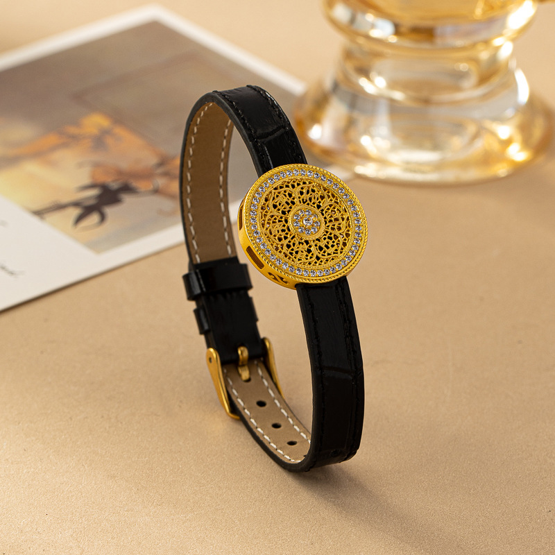 Eight-treasure compass genuine leather strap bamboo pattern watch strap ancient gold inlaid zircon bracelet luck bracelet jewelry