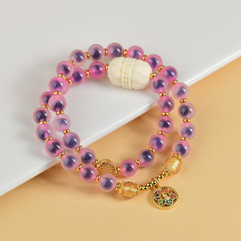Incense Ash Glass Sugar Heart Agate Half Sugar Gold Foil Twin Lotus Bracelet Lotus Six-Character Mantra Beads