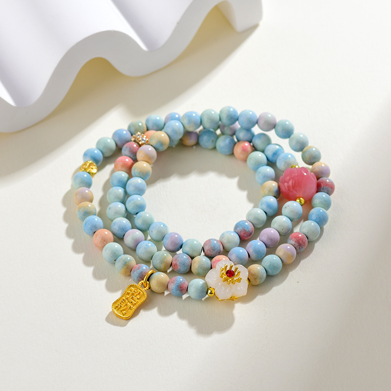 Rainbow Stone Salt Source Agate Lotus Three-Circle Bracelet New Chinese Sweet Girl Multi-Circle Bracelet