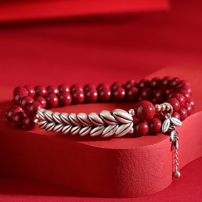 Purple gold sand pure silver wheat ear cinnabar double layer bracelet retro peace bracelet