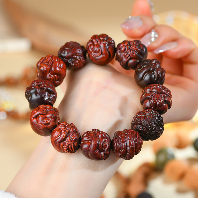 Blood sandalwood carved twelve zodiac bracelets play with wooden Buddhist beads Chinese style hand string handheld jewelry