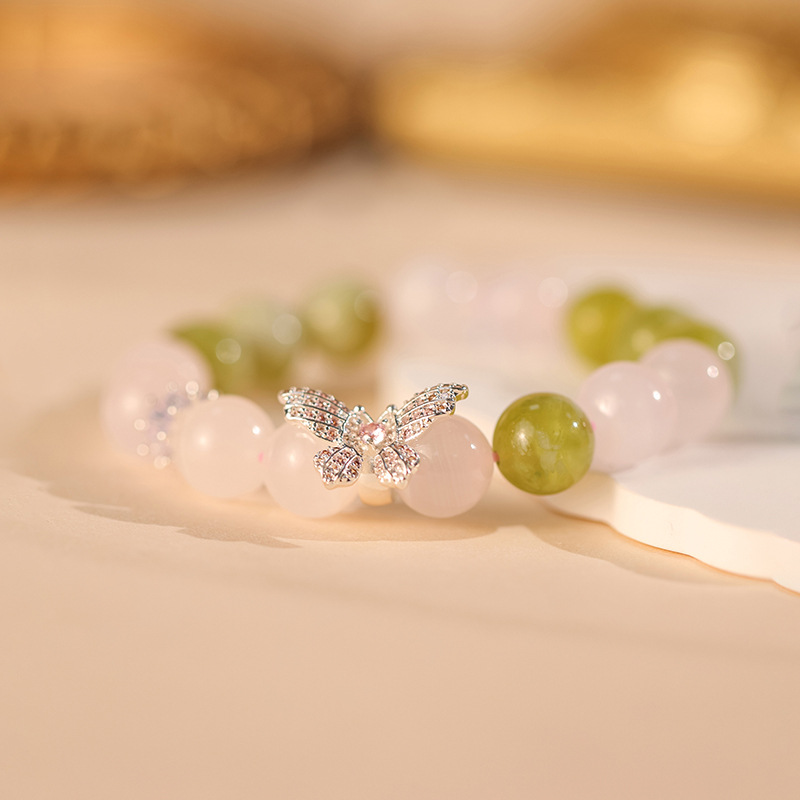 Green grape milk cap Xiuyan jade bracelet high-grade full diamond butterfly pink beaded crystal bracelet