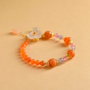 Gold Jade Orange Pink Jade Bracelet Chalcedony Flower Pendant Retro Hot Style Bracelet