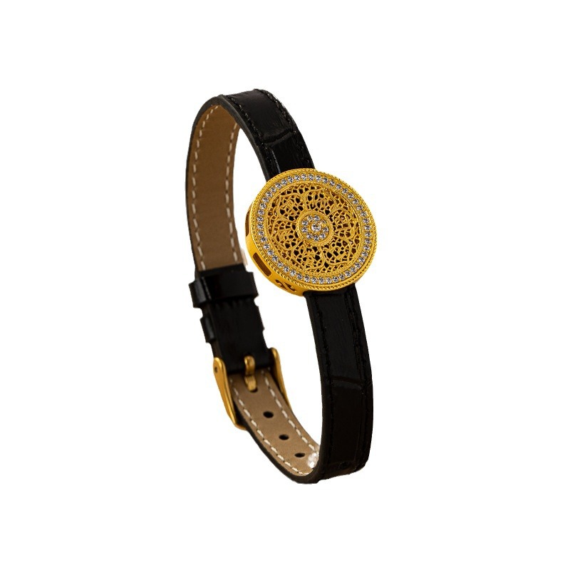 Eight-treasure compass genuine leather strap bamboo pattern watch strap ancient gold inlaid zircon bracelet luck bracelet jewelry