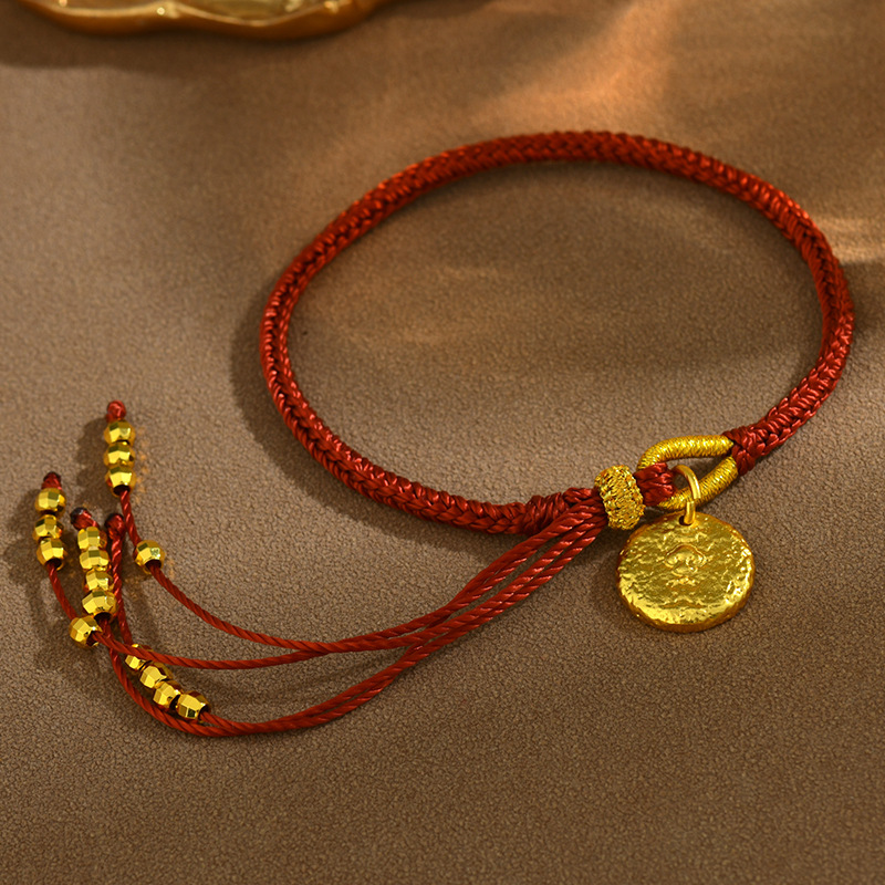 Ancient gold Tibetan style yellow god of wealth round plate hand-woven rope bracelet tassel broken gold zodiac year red rope bracelet