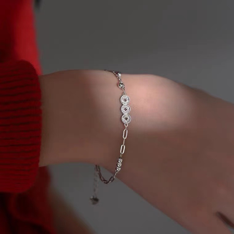 Pure silver lucky copper coin bracelet niche design ins retro high-end New Year jewelry