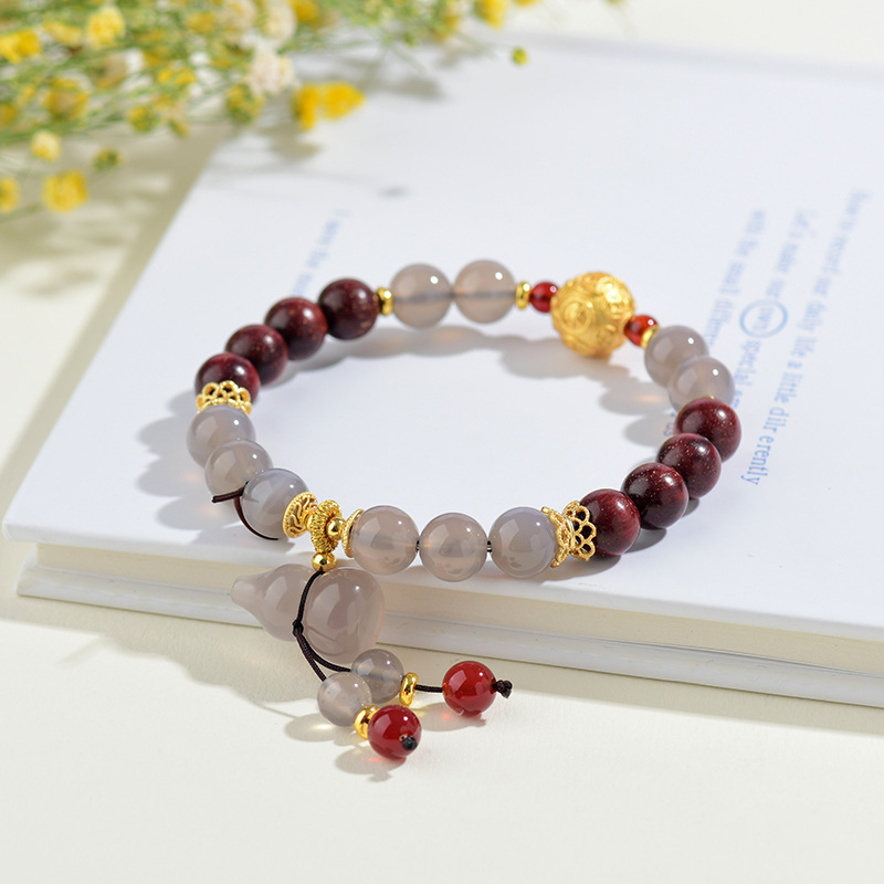 Small-leaf red sandalwood gray agate gourd bracelet new Chinese retro ethnic style bracelet new hot style