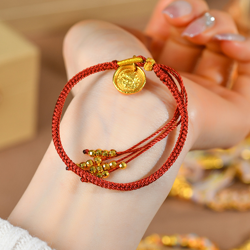 Ancient gold Tibetan style yellow god of wealth round plate hand-woven rope bracelet tassel broken gold zodiac year red rope bracelet
