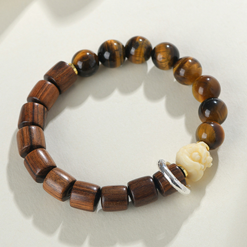 Rosewood Tiger Eye Stone Ivory Lion Dance Bracelet New Chinese Style Playing Buddhist Beads Bracelet Cultural and Creative Hot Selling