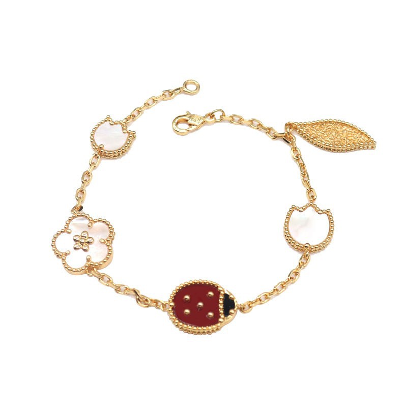 Four-leaf clover, five-flowered ladybug and seven-spotted flower bracelet for women, thick 18k rose gold plated