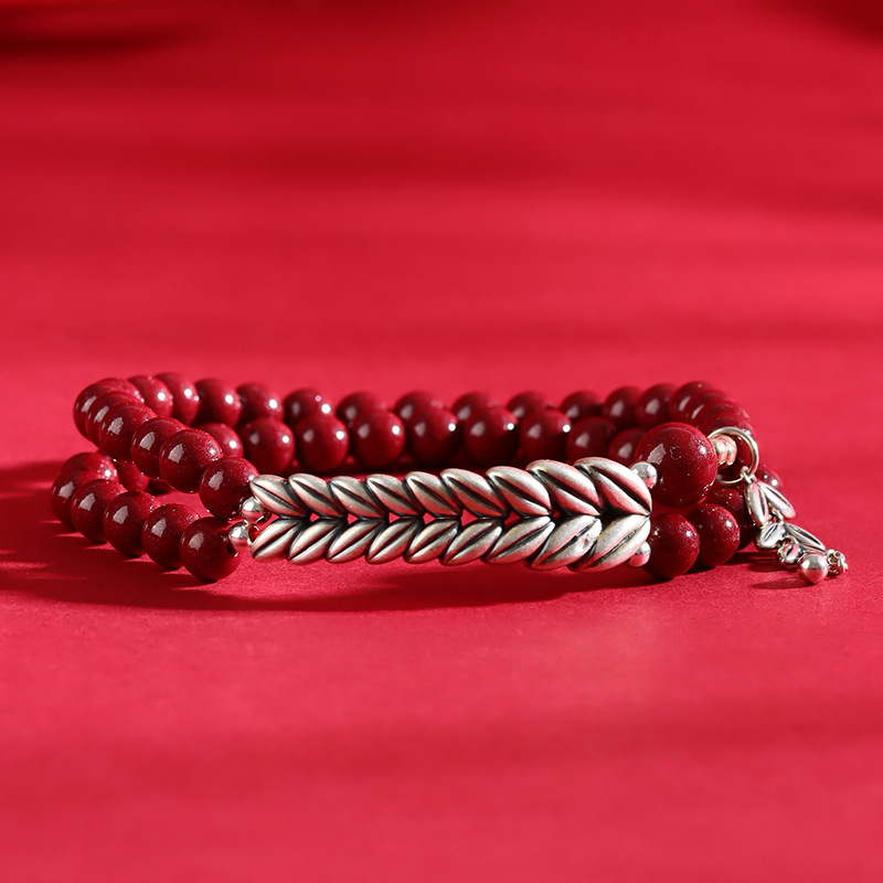 Purple gold sand pure silver wheat ear cinnabar double layer bracelet retro peace bracelet