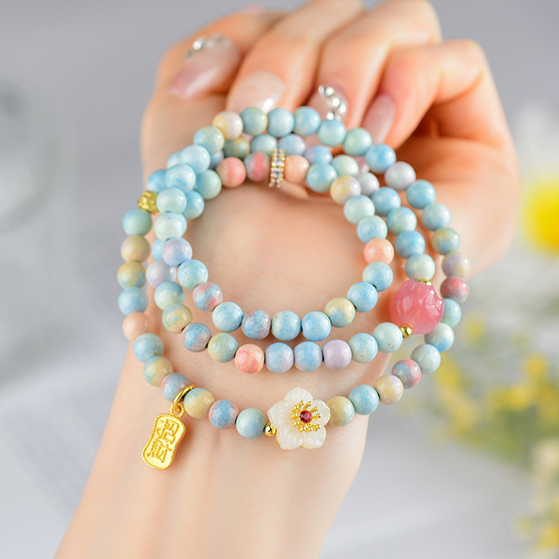 Rainbow Stone Salt Source Agate Lotus Three-Circle Bracelet New Chinese Sweet Girl Multi-Circle Bracelet