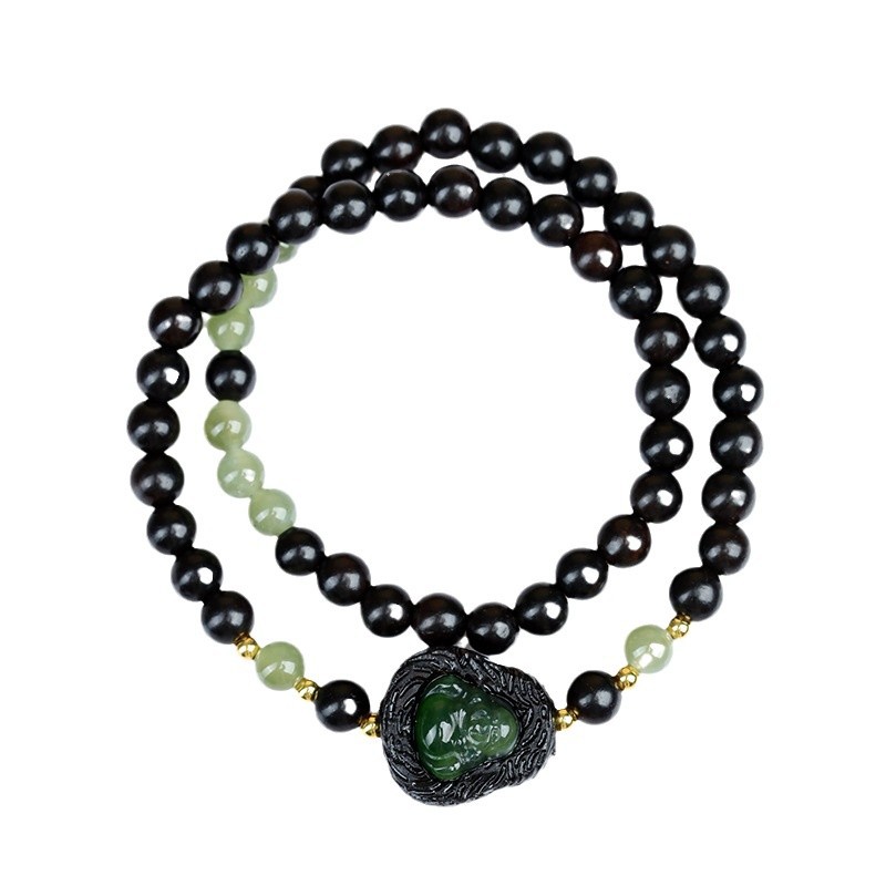 Ebony and Hetian Jasper Buddha Double Circle Bracelet New Chinese Fashion Ancient Charm Ladies Hot Bracelet Jewelry