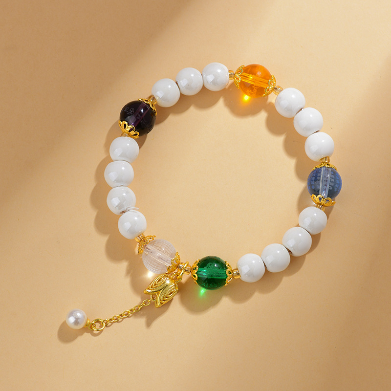 White Porcelain Beads Five Elements Crystal Bracelet Yellow God of Wealth Bracelet