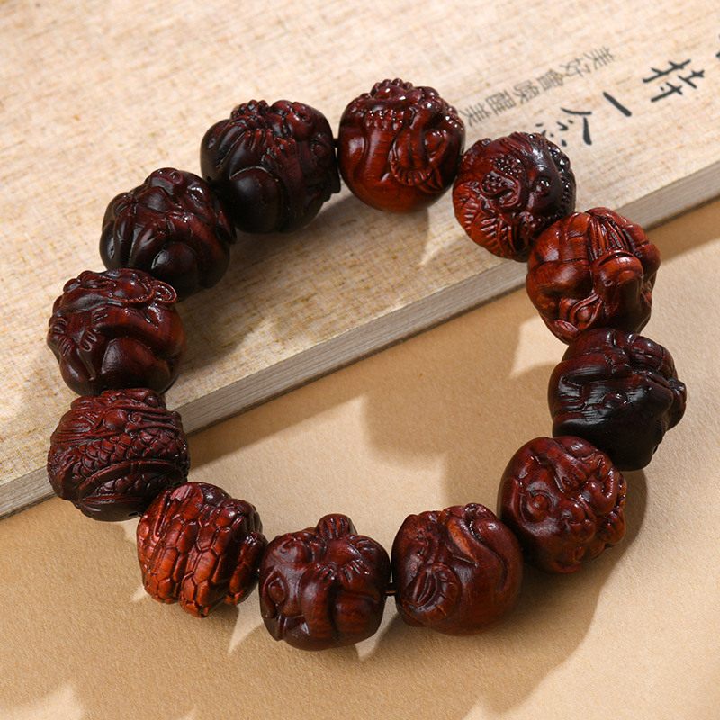 Blood sandalwood carved twelve zodiac bracelets play with wooden Buddhist beads Chinese style hand string handheld jewelry