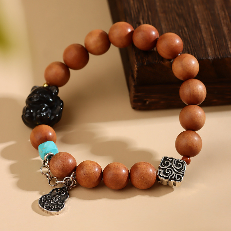 Sandalwood Silver Obsidian Nine-tailed Fox Bracelet New Chinese Style Playing Buddhist Beads Bracelet Hot Sale