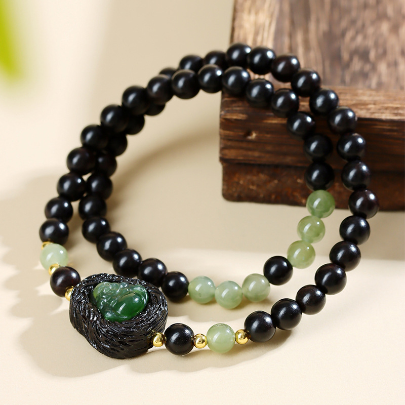 Ebony and Hetian Jasper Buddha Double Circle Bracelet New Chinese Fashion Ancient Charm Ladies Hot Bracelet Jewelry