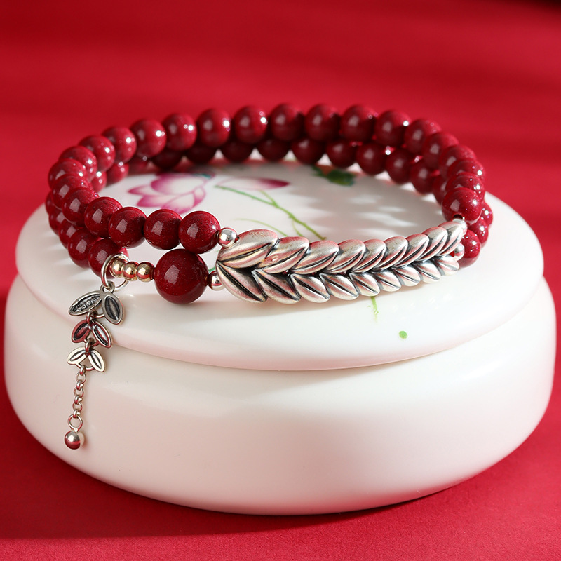 Purple gold sand pure silver wheat ear cinnabar double layer bracelet retro peace bracelet