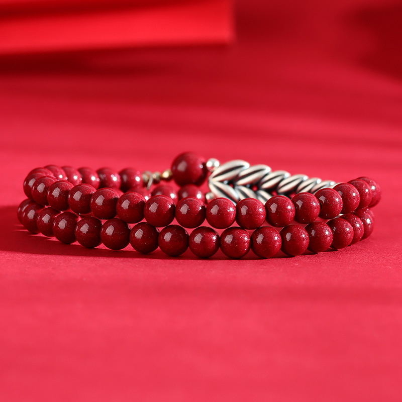 Purple gold sand pure silver wheat ear cinnabar double layer bracelet retro peace bracelet