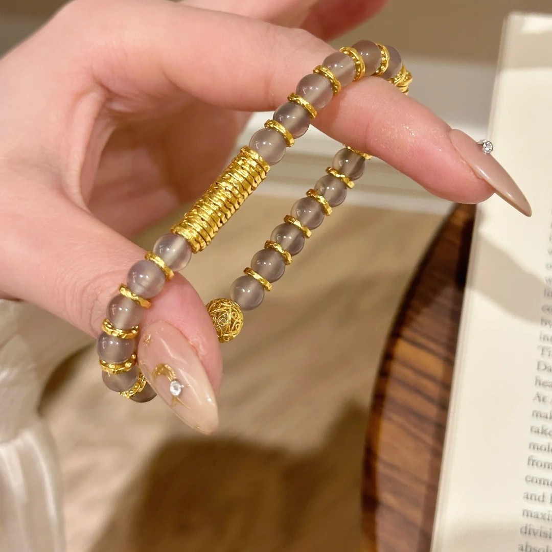 Smoky agate bracelet for women s925 sterling silver thick gold-plated winding bracelet vintage Jewelry