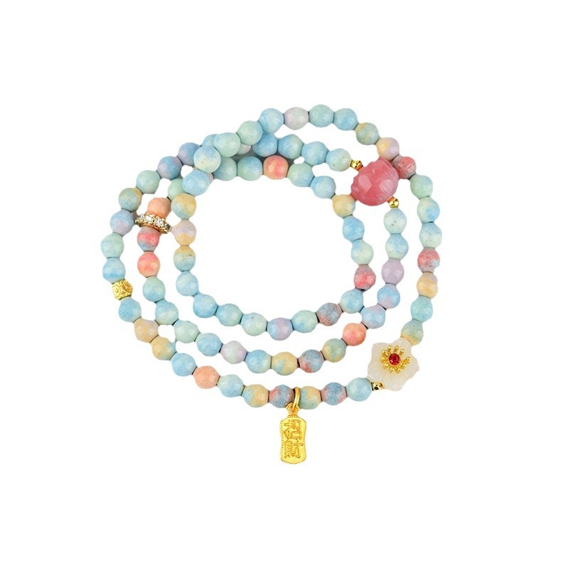 Rainbow Stone Salt Source Agate Lotus Three-Circle Bracelet New Chinese Sweet Girl Multi-Circle Bracelet