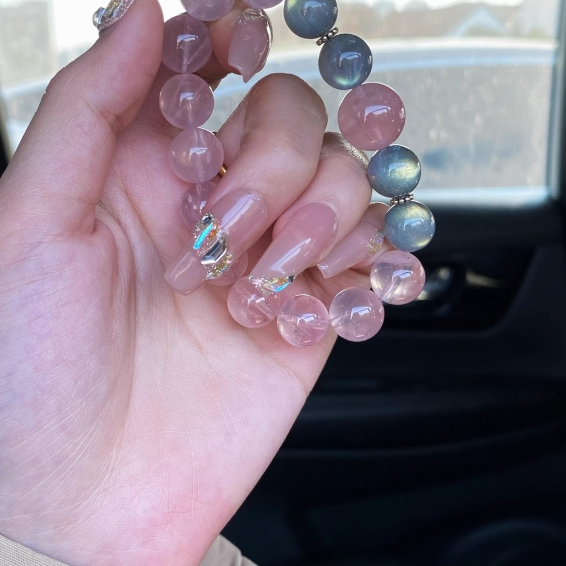 Rose quartz with gray moonlight horse powder bracelet to attract peach blossom silver luck beads exquisite national trend bracelet jewelry