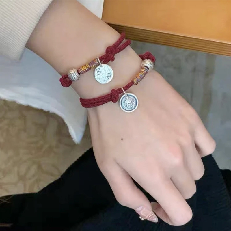 Red string bracelet for attracting wealth and fortune, sterling silver yellow god of wealth luck beads, vintage silver bracelet