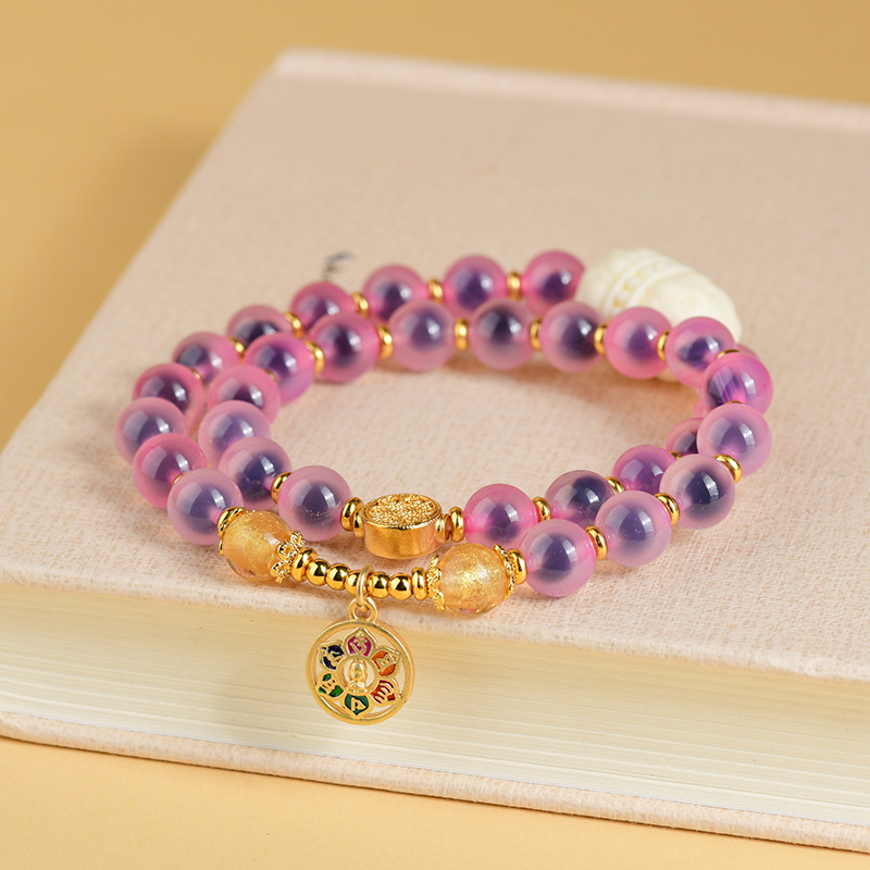 Incense Ash Glass Sugar Heart Agate Half Sugar Gold Foil Twin Lotus Bracelet Lotus Six-Character Mantra Beads