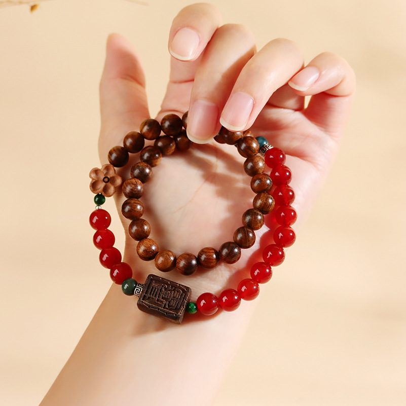 Random pattern rosewood natural red agate double circle bracelet agarwood brand new Chinese retro play hand string jewelry