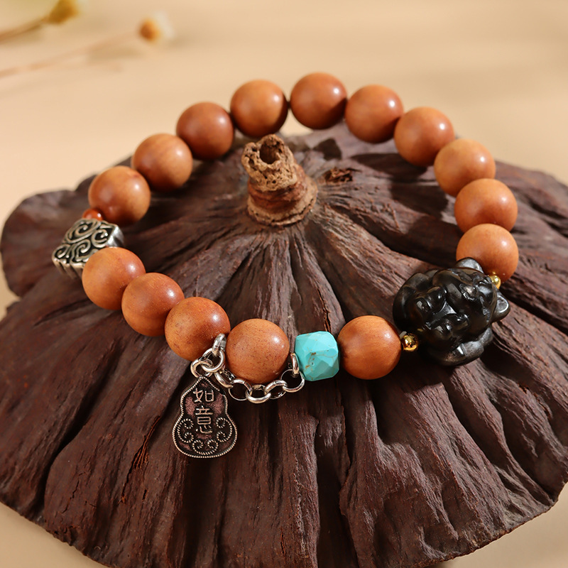 Sandalwood Silver Obsidian Nine-tailed Fox Bracelet New Chinese Style Playing Buddhist Beads Bracelet Hot Sale