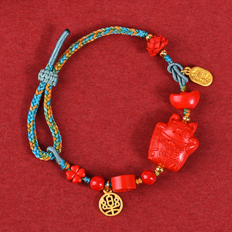High content cinnabar original imperial red sand lucky cat diy handmade adjustable braided bracelet rope