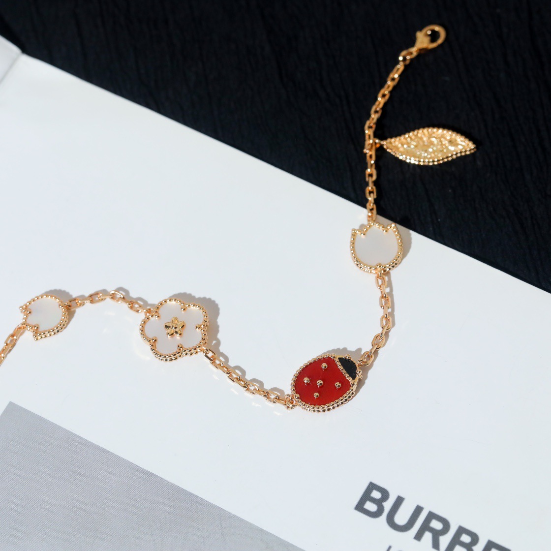 Four-leaf clover, five-flowered ladybug and seven-spotted flower bracelet for women, thick 18k rose gold plated