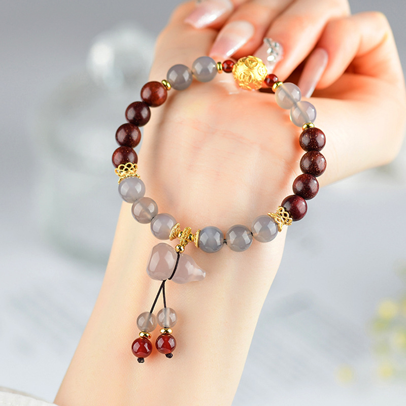 Small-leaf red sandalwood gray agate gourd bracelet new Chinese retro ethnic style bracelet new hot style