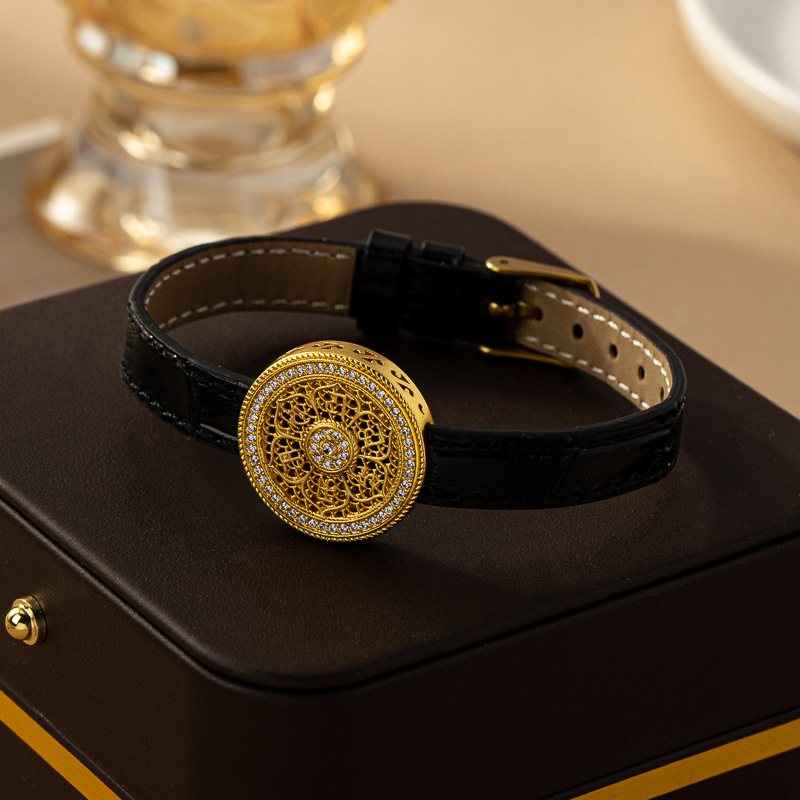 Eight-treasure compass genuine leather strap bamboo pattern watch strap ancient gold inlaid zircon bracelet luck bracelet jewelry