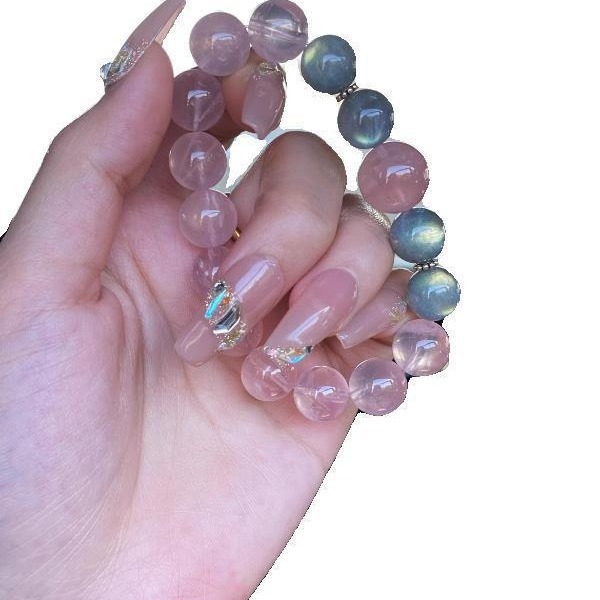 Rose quartz with gray moonlight horse powder bracelet to attract peach blossom silver luck beads exquisite national trend bracelet jewelry