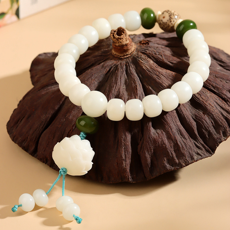 White jade bodhi old type bead lotus bracelet new Chinese style play Buddhist beads rosary ethnic style hand string