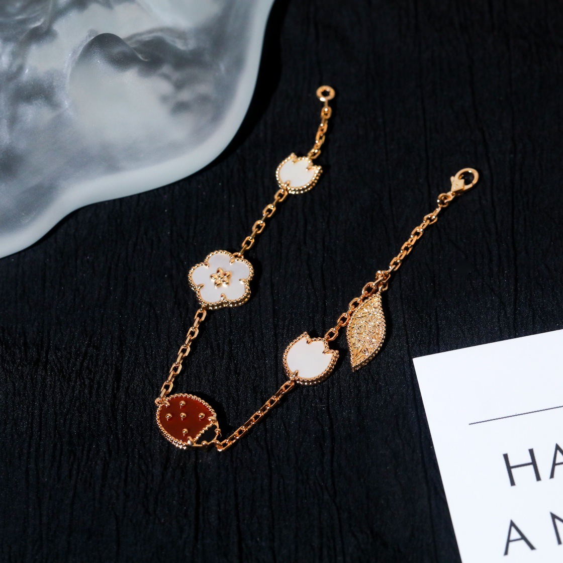 Four-leaf clover, five-flowered ladybug and seven-spotted flower bracelet for women, thick 18k rose gold plated